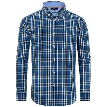 Imagem de Alimens & Gentle Camisa masculina xadrez de algodão, manga comprida, manga comprida, camisas xadrez xadrez, Branco marinho, xadrez, 3G