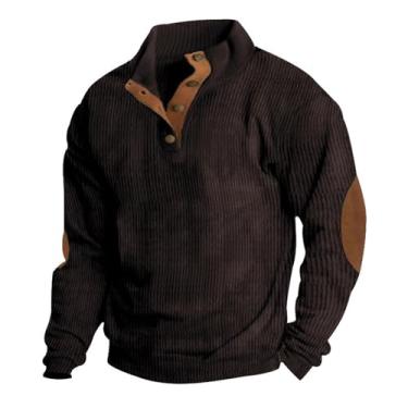 Imagem de Pulôver masculino de veludo cotelê com cotovelo remendado, camisa Henley com botão de manga comprida, gola simulada vintage, top externo (Color : Coffee, 32-33, 3435, 36-37, 38-39, 40-41, 42-43