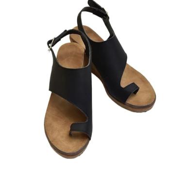 Imagem de AOKEKEYUA Sandálias femininas, sandálias de verão elegantes e modernas, sandálias femininas de salto inclinado de verão, sandálias largas femininas, sandálias casuais femininas, Preto, 44