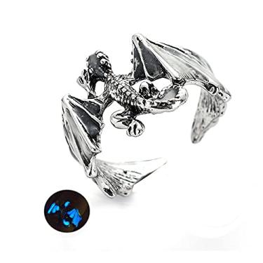 Imagem de Anel de dragão dominador luminoso dragão voador dinossauro animal anel aberto para mulheres homens brilhantes dragão cavaleiro anel joia presente Halloween, Prata, Sem pedra preciosa