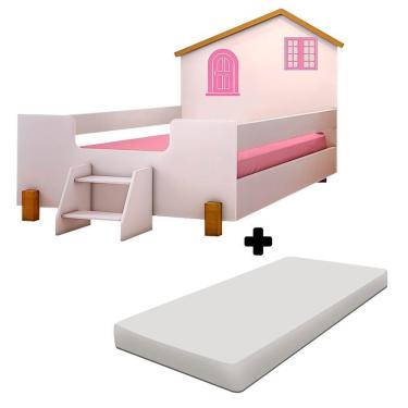Imagem de Cama Montessoriana Com Colchão Solteiro Infantil Grade De Proteção Branco Rosa Belle Shop JM