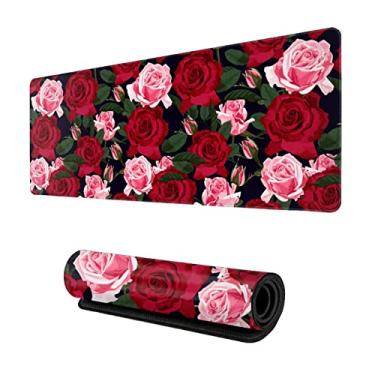 Imagem de Mouse pad longo e bonito grande estendido, mouse pad floral para jogos Mousepad para laptop, GG grande tapete de mesa de flores completas para mesa de trabalho e teclado para mulheres presentes de escritório, (vermelho e rosa 31 x 30 cm)