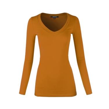 Imagem de Camiseta feminina básica de algodão macio e manga comprida com gola V, Mostarda escura, 1X
