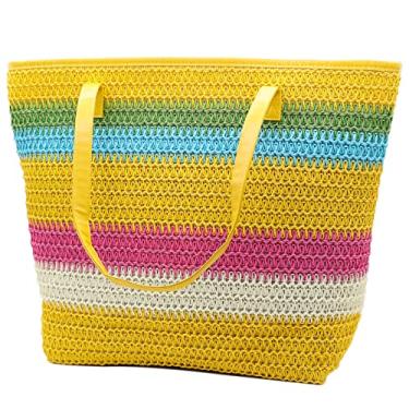 Imagem de Bolsa sacola de palha grande para mulheres Rattan Woven Beach Bag Summer Colorful Stripe Shoulder Bags, Bolsa de palha listrada colorida amarela, Large