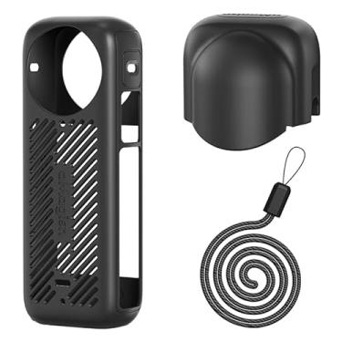 Imagem de Coyktonty Conjunto de capa protetora/capa de silicone para Insta360 X4, capa de silicone + cordão antiperda + tampa de lente (conjunto 3 em 1) (preto)