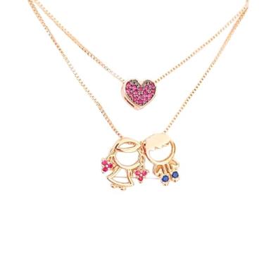 Imagem de Colar com Pingente 01 Menina e 01 Menino + Colar com Coração Banhado a Ouro 18k