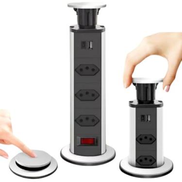 Imagem de Torre de Tomadas Retrátil Multiplug de Embutir Mesa e Bancada com 3 tomadas, USB-C e USB. Filtro de Linha/Régua de Energia/Extensão para uso em Sala, Cozinha ou Escritório - Premium (Prata)