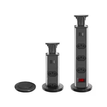 Imagem de Extensão de Embutir Torre Multiplug Retrátil Com 3 Tomadas, 1 Entrada USB, 1 Entrada USB Tipo-C, Cabo 1.8 Metros, Bivolt, Marca: AMOREJA (PRETO)