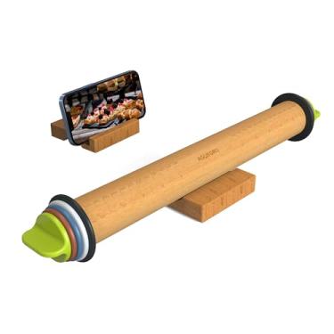 Imagem de Aguegro Rolo de massa com anel de espessura, rolo de massa para assar, fondant, pizza, crosta, biscoitos, espessura de massa de pastelaria, rolo de madeira de 34,5 cm com 4 anéis de espessura