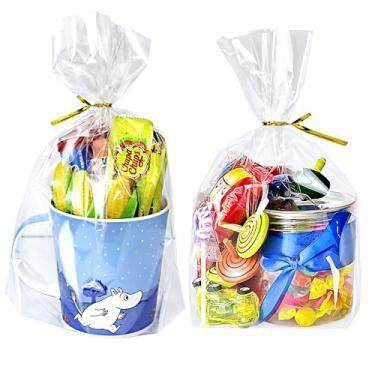 Imagem de PigPotParty 20 x 28 cm, 100 peças de sacos de reforço inferior, sacos plásticos transparentes de celofane para celofane com 100 x laços torcidos, embalagem de lembrancinha de festa, embalagem de presente de devolução de brinquedo (sem reforço lateral)