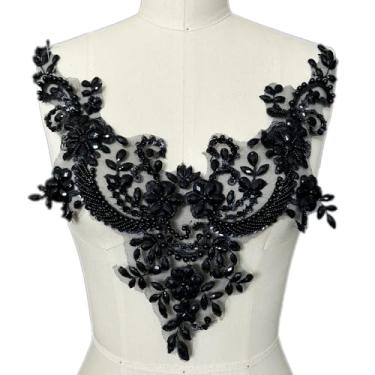 Imagem de Succi Shan Remendos de pérolas de contas de flores de renda, apliques de strass costurados para decote de roupas de vestido (preto)