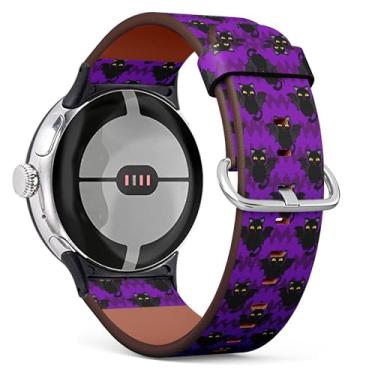 Imagem de THAZEE Pulseira de couro para relógio inteligente compatível com Google Pixel Watch 2 (2023)/Pixel Watch (2022) (gato de Halloween)