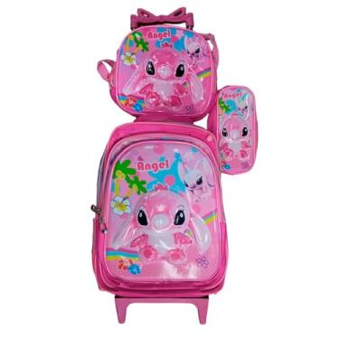 Imagem de Kit Mochila Stitch com Rodinhas em 3D Para Menina + Lancheira Térmica + Estojo Escolar Infantil