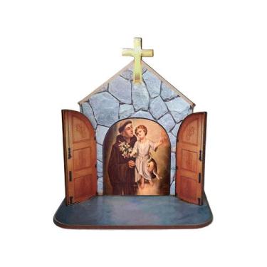 Imagem de Mini Capela Oratório Display Enfeite de Mesa Santo Antônio 12cm Mdf Ma