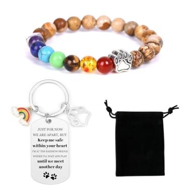 Imagem de Vjajaly Rainbow Bridge Pulseira de presente memorial para animais de estimação amado cão gato 8 mm contas de cores mistas 7 chacras pulseira memorial para mulheres homens que perde animais de
