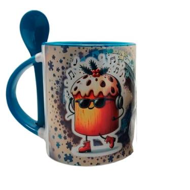 Imagem de Super Caneca com colher azul Autista que ama Chocotone com chaveiro