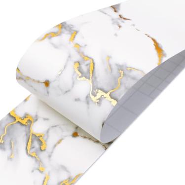 Imagem de LaCheery Papel de parede com acabamento de borda de 7,6 cm x 15,2 m para paredes papel de parede cinza dourado branco com borda de mármore descascar e colar bordas de papel de parede rolo de vinil