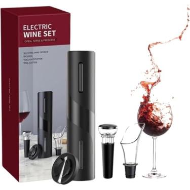 Imagem de Kit Abridor de Vinho Elétrico Recarregável USB, 4 Peças, com Bico Decanter, Rolha de Borracha e Cortador de Lacres