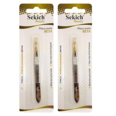 Imagem de Kit 2 Pinça Aço Inox Ponta Dourada Reta 1305 - Sekich