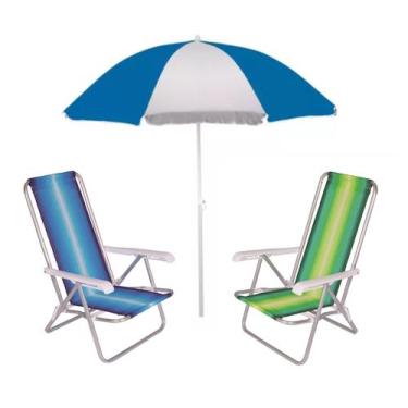 Imagem de Kit Praia 2 Cadeira Reclinável 4 Posições Alumínio + Guarda Sol 1,80 m