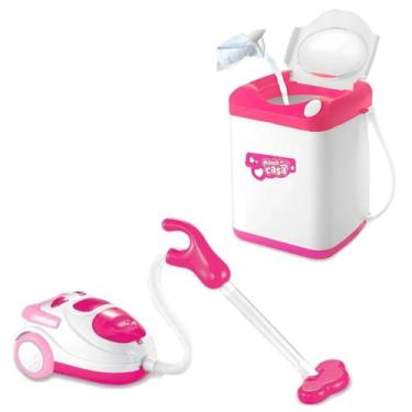 Imagem de Kit Aspirador De Pó Infantil Rosa Com Luz e Máquina de Lavar - DM Toys