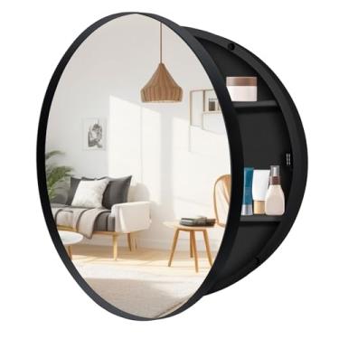 Imagem de Armário de remédios redondo de 50 cm com espelho, armário de remédios de banheiro preto para parede com moldura de metal, armário de armazenamento circular apenas para montagem em superfície com