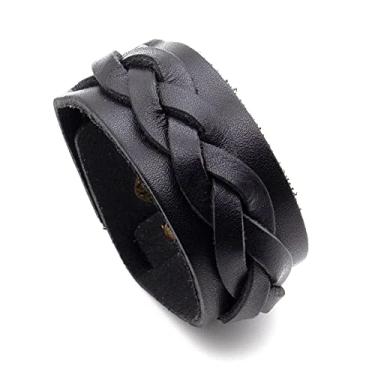 Imagem de Heavstjer Pulseira de couro larga trançada Punk Rock com punho ajustável, liga metálica, Sem pedras preciosas