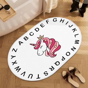 Imagem de ZCVAcom Tapete infantil de unicórnio fofo, tapete de alfabeto lavável de 2,6 x 4 pés para quarto de meninas, tapete antiderrapante para berçário, tapete macio para crianças, cercadinho de sala de