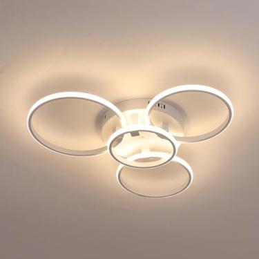 Imagem de Hot Preto/Branco levou luzes de teto Regulável RC + APP anéis lâmpada para sala de estar quarto de cama Cozinha Decoração de casa lâmpada de teto Moderno luminárias de teto (Branco, 4 anéis L60*W55CM)