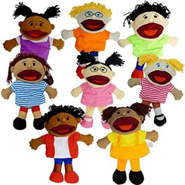 Imagem de Fantoches de mão para crianças, fantoches multiculturais com boca móvel (8 pacotes) Soft Pelotpets de pelúcia se encaixa em crianças e crianças para a