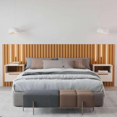 Imagem de Cabeceira Ripado Para Cama de Casal/Queen Maracá Nature Com 2 Mesa de Cabeceira Jatobá Com Led OffWhite - Rede Móveis