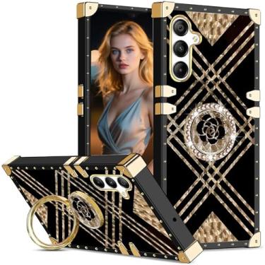 Imagem de Ephoou Capa para Samsung Galaxy A36/Galaxy A56 para mulheres e meninas, capa de telefone com design de canto de metal rebite com flores brilhantes anel de diamante suporte para Samsung A36 6,7