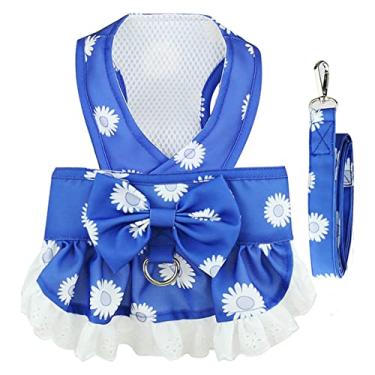 Imagem de BAEJMJK Conjunto de arnês e coleira para cães pequenos gravata borboleta floral menina vestido de filhote de cachorro respirável bonito princesa vestidos para cães primavera verão pet gato roupas saia (azul escuro, GG)