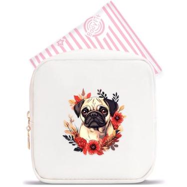 Imagem de BJDAMAI Mini bolsa de maquiagem, linda bolsa de cosméticos portátil com zíper para meninas adolescentes e crianças, pequena bolsa de armazenamento para almofada higiênica, moeda, batom, joias!, Pug