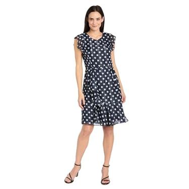 Imagem de R&M Richards Vestido de chiffon listrado de bolinhas com mangas com babados e detalhe de cintura saca-rolhas, Azul-marinho/branco, 46