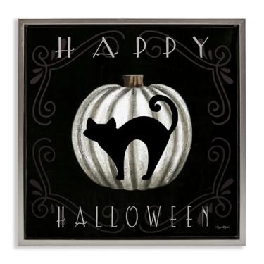 Imagem de Stupell Industries Feliz Dia das Bruxas Gato e Abóbora Cinza Emoldurado Arte de Parede Tela Flutuante, Design por Elizabeth Tyndall, 25 x 25