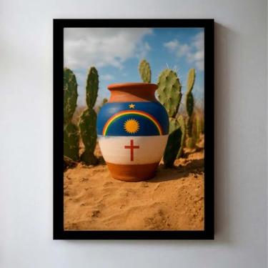 Imagem de Quadro decorativo Nordeste - Vaso de Barro com Bandeira de Pernambuco - Artesanato nordestino; Nordestino; Cultura Nordestina - Pernambuco Meu País (Moldura Preta, 40x30, Emoldurado)
