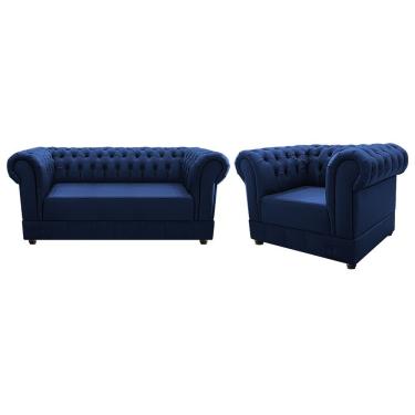 Imagem de Poltrona e Namoradeira Chesterfield Ana Suede Azul Marinho