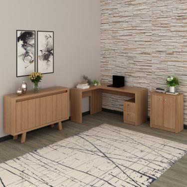 Imagem de Conjunto Home Office 3 Peças 1 Escrivaninha Em L 1 Balcão 2 Portas 1 Balcão 3 Portas Espresso Móveis Amendoa