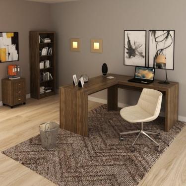 Imagem de Conjunto Home Office 3 Peças Com 1 Mesa Em L 1 Estante 1 Gaveteiro Espresso Móveis Nogal