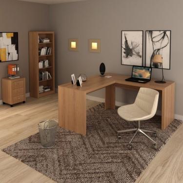 Imagem de Conjunto Home Office 3 Peças Com 1 Mesa Em L 1 Estante 1 Gaveteiro Espresso Móveis Amendoa