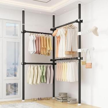 Imagem de Roupas telescópicas Rail para roupas pesadas roupas de vestuário rack de roupas de vestuário Diy Roupas Roupas penduradas Rail com gancho suspenso Altura ajustável 110-310cm Largura ajustáve