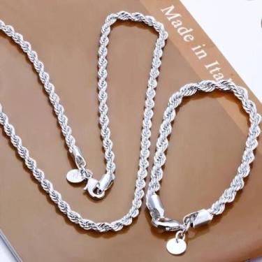 Imagem de Conjunto de Colar e Pulseira de Prata 4mm - Torcido e Cordão - Para Ho