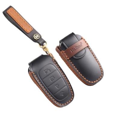 Imagem de HIBEYO Capa de chaveiro compatível com Hyundai Tucson 2021 Solaris Sonata Hybrid Nexo NX4 Santafe Dn8 2020 Acessórios Capa de chave de couro genuíno Smart Key Shell com chaveiro - 4 botões B preto