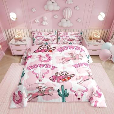 Imagem de Erosebridal Conjunto de edredom solteiro ocidental rosa, botas de vaqueira, chapéus e laços, conjunto de cama para meninas e adolescentes, conjunto de cama com estampa de cavalo touro e caveira