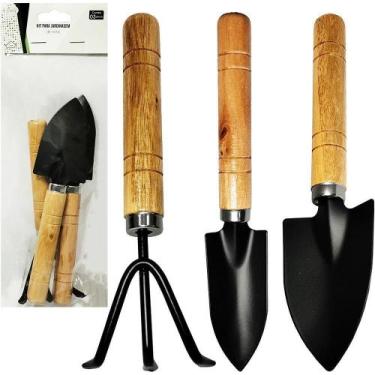 Imagem de Kit Jardim 2 Pas + Ancinho / Rastelo Cabo Madeira Com 3 Peca - Fu Xing