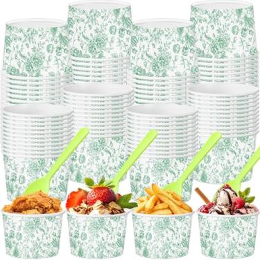 Imagem de Honeydak Conjunto de 48 copos florais de sorvete de papel 255 g Copos descartáveis de lanche com colheres tigelas de sobremesa para Sundae Sopa de iogurte congelado aniversário chá de panela festa de