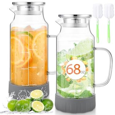 Imagem de Honeydak Jarra de vidro com tampa, jarra de água de 2 litros de 2 litros com base de silicone, bico e alça grande para geladeira, jarra de água de vidro antiderrapante para bebidas, chá, café, leite e