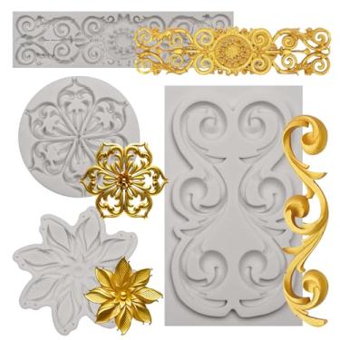 Imagem de Conjunto de moldes de fondant de silicone, desenhos barrocos de rolagem e flores, 3 padrões decorativos para arte de bolo e argila