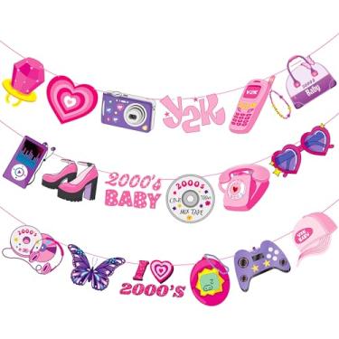 Imagem de 3 peças de banners de festa Y2k anos 2000 Y2K Decorações de festa do início dos anos 2000 rosa para pendurar em festas dos anos 2000 para meninas gostosas mulheres adolescentes rosa artigos de festa